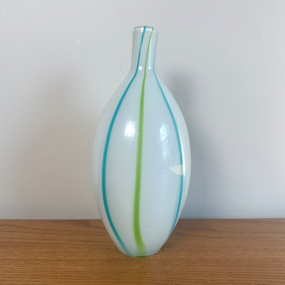 Vintage Hand‎ Blown Art Glass Vase White with Teal and Lime Green Stripes